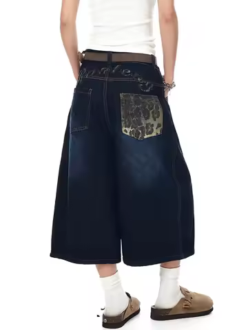 Summer Women Tomboy Grunge Abi Y2K Dark Japanese Harajuku Leopard Print Jorts Denim Shorts Wide Leg 