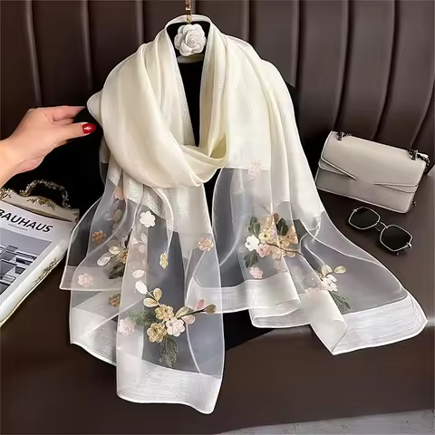 Women Silk Wool Scarf Floral Embroidery Hijab Female Foulard Spring Summer Thin Pashmina Shawls Wrap