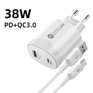 Dual Port Wall Charger Quick Charge European Standard PD38W Power3.0 Fast Charging Adapter with B Type C Cable