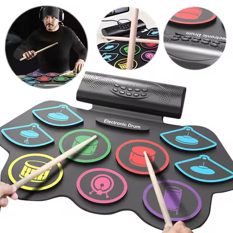 Electronic Drum Set with Drum Sticks and Pedals Roll-Up Drum Practice Pad Electric Drum Set for Kids
