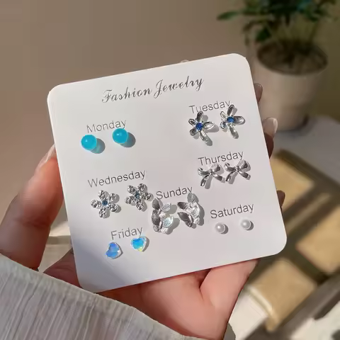 Sea Blue Bean Geometry of Week Ear Stud Set Silver Needle Small and Exquisite Flowers Butterfly Earr