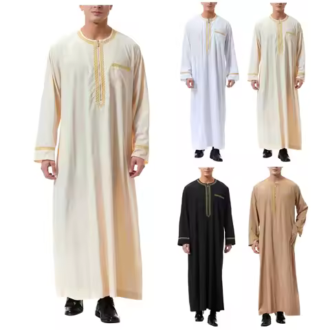 new Mens Muslim Pullover Dress Long Sleeve Embroidered Pocket Muslim Robe Abaya Daffah Jubba Thobe P