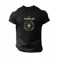 1pc Men's Medieval Templar Knight T-Shirt - Black with Golden Templar Cross Shield & Latin Motto (No