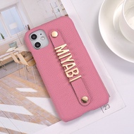 Holding Strap Metal Personalization Name Pebble Genuine Leather Phone Case Cover For iPhone13 12 11
