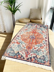 5慧Handwoven cotton linen carpet retro Bohemian style square bedside geometric floor mat living room