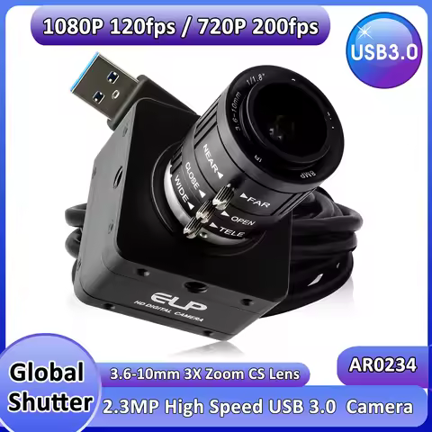 ELP 1200P 120FPS YUY2 80FPS Global Shutter USB 3.0 Camera Manual Zoom CS Lens High Speed 720P 200FPS