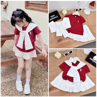 Red Shirt Set short sleeve (Loose Scarf) Cute White Pleated Skirt for Girls 10-20kg