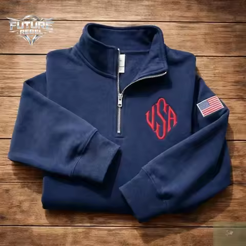Mens Sweatshirt Harajuku Y2K Navy Blue Quarter Zip Pullover USA Embroidered Flag Patch Vintage Stree