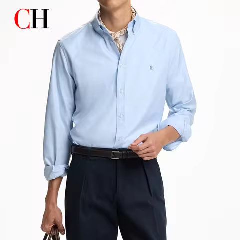 CH Men's Shirt Sleeve Dress Shirt Slim Fit Solid Color Business Casual Button-Down Shirt with Embroi
