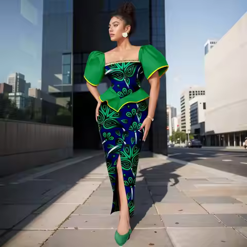 Africa Ankara Printed Women's Dress Short Sleeve Patchwork Square Neck Bubble Sleeve Split Dresses 2