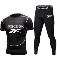 Men White Stitch Line Short Sleeve Compression Tight Leggings 2 Piece Set Quick Dry Crossfit Gym Run