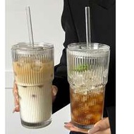 1pc Striped Plastic/Glass Cup With Straw And Lid - 20.29oz/600ml, Elegant Glass Drinking Cup For Cof
