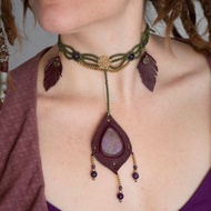 綠色與紫色皮革項鍊，編繩曼陀羅阿特蘭蒂斯石項鍊