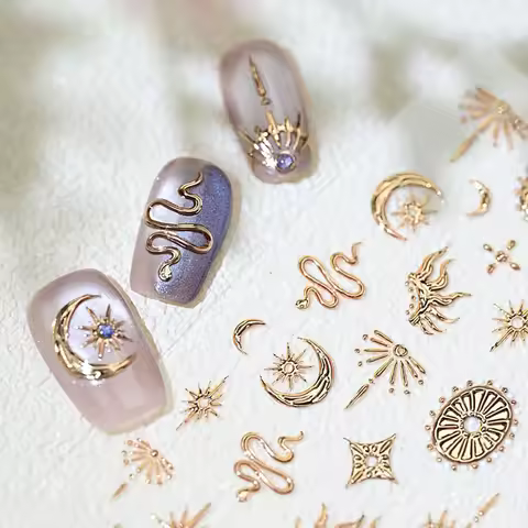 Gold Silver Snake Stars Nail Stickers for Nail Decoation Decals 5D Self-Adhesive Bronzing Stars Moon