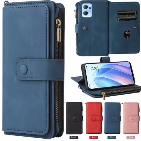 Reno7 Z 8Z 12 Pro 5G Multi 15-Card Zipper Leather Case For OPPO Reno 12 FS Wallet Funda Reno5 Z 8T 7