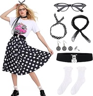 9Pcs Sock Hop Outfits Women, 50s Women Outfit, 1950 Poodle Skirt T-Shirt with 50s Accessories for Ha