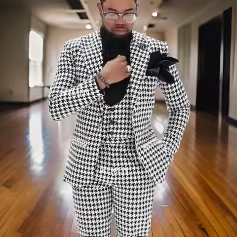 Houndstooth Men Suits Peak Lapel Wedding Tuxedo for Groom Single Button Prom Plaid Costume 2024 Cust