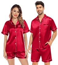 Satin Matching Pajamas Sets Couple Silk Button Down Nightwear Short Sleeve Sleepwear 2 Pieces Lounge