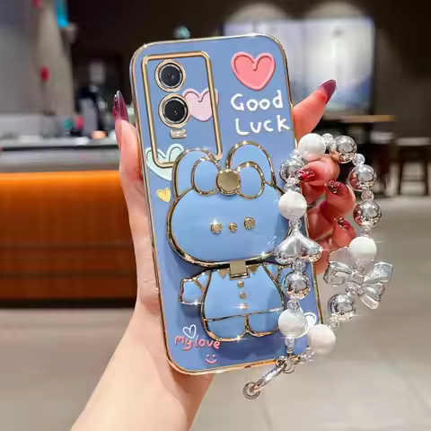 Pearl Strap Good Luck Rabbit Phone Holder Case For Vivo Y76 Y72 Y51 Y36 Y35 Y33S Y21S Y33T Y28 Y27 Y