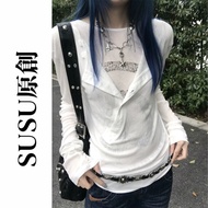[SUSU Original] S-2XL Asian Culture Fake Two-Piece Long-Sleeved T-shirt Autumn Thin White Layered Su