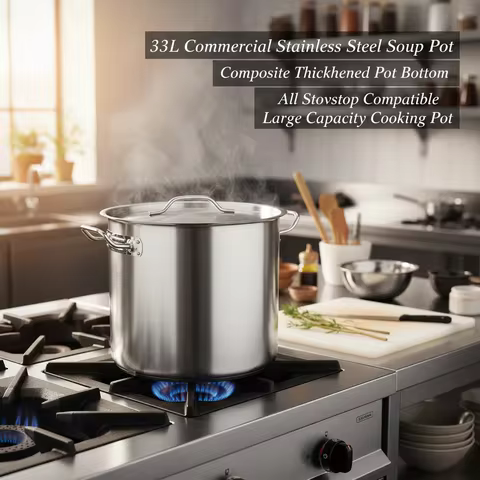 33L Stainless Steel Stock Pot with Lid, Heavy Duty Commercial Large Soup Pot 34.9Qt, Universal Stove