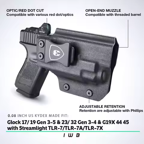 Glock 17/19 +TLR 7 Holster IWB Kydex Holster Optic Cut Fit:Glock 17/19/44/45 (GEN 1-5)&G23/32 (Gen 3