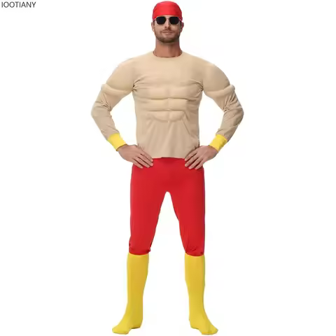 Wrestler Hulk Hogan Costume Adult Macho Super Muscle Funny Suit Halloween Holiday Party Stage Muscle