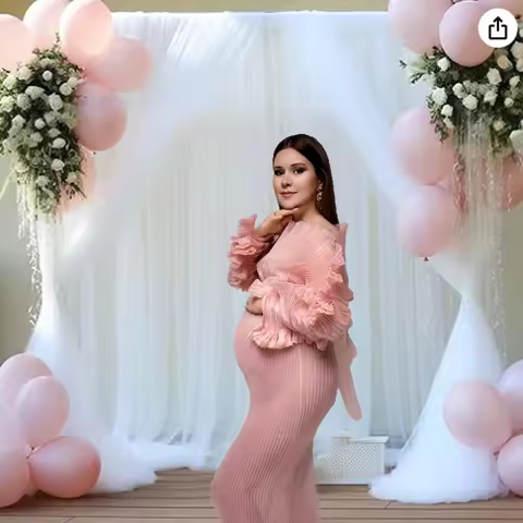 Transparent Pleated Pregnancy Dresses Tulle Baby Shower Off the Shoulder Maternity Gown photoshoot L