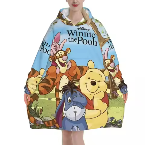 Winnie The Pooh Cartoon Wearable Blanket Hoodie for Women Men Oversized Sweatshirt Blanket with Pock