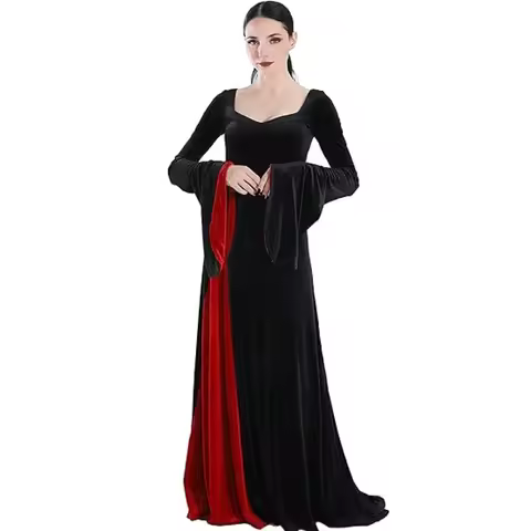 Morticia Addams Costume Women Velvet Maxi Dress Vintage Gothic Witch Long Dress Halloween Family Cos