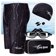 C19 Men s flat five-point quick-drying swimming trousers+waterproof goggles+swimming cap+earrings+sw