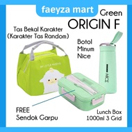 ORIGIN F || Set Kotak Makan 1000ml 3 Grid + Sendok & Garpu + Botol Minum + Tas Bekal || Lunch Box Se
