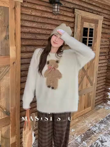 Mae Plu Bear Head over Body Sweater Women Winter Casual Top round Ne Long Sve Nylon Fiber ape plus S