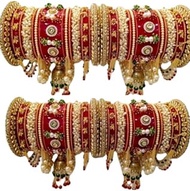CHURA| Bridal Jewellery Bangles Set Gold Plated Rajasthani Chura/Punjabi Chuda Set for Wedding with Rajasthani Kundan Meenakari Stones &amp; Pearl for Women &amp; Girls