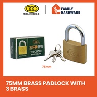 Tri-Circle 267 75mm Brass Padlock with 3 Brass Cylinder Iron Keys Kunci Mangga Tembaga dengan Kunci 