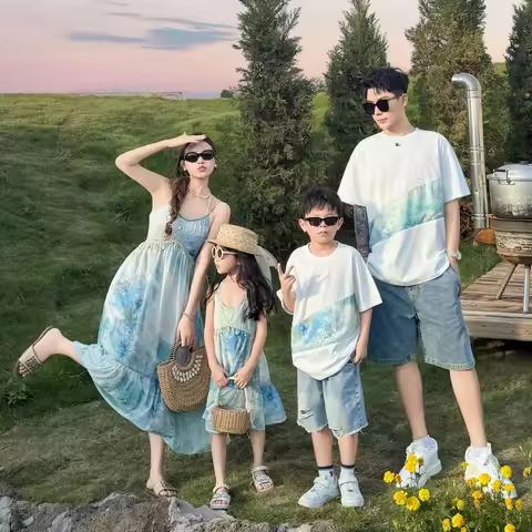 Vacation Area Couple Look Family Matching Outfit Daughter and Mom Resort Dress Son and Dad Cotton T