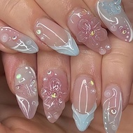 A Set Of 24 Almond-Shaped Press-On Nails In Pink With 3D Floral And Bubble Bead Designs, Suitable Fo