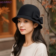 HUIMAO Bow Topper Hat, Solid Color French Style Women Fisherman Hat, Fashion Keep Warm Hepburn Black