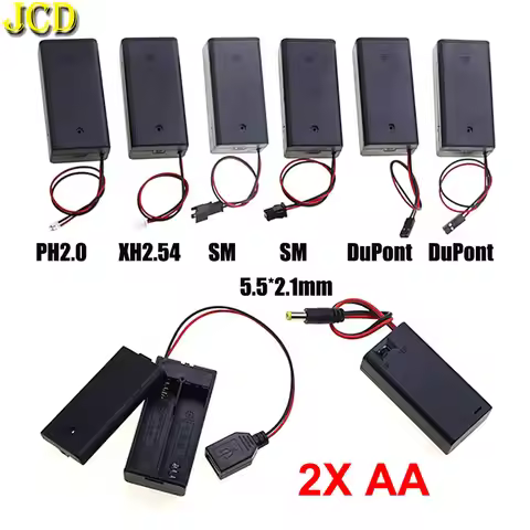 JCD AA Battery Box With PH2.0 XH2.54 Dupont SM USB DC 5.5x2.1mm Plug Terminal Leadwire AA 2X Slot Ba