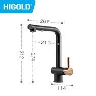 HIGOLD Black Kitchen Pull Out Faucet Sink Stainless Steel Faucet L-Type Tap Cold Hot Water Faucet Anti-fingerprint Faucet Black European Style