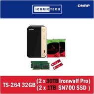 QNAP TS-264-32G 2-Bay NAS Enclosure Kits., 8TB~60TB Ironwolf Pro Exos or TS-264-8G