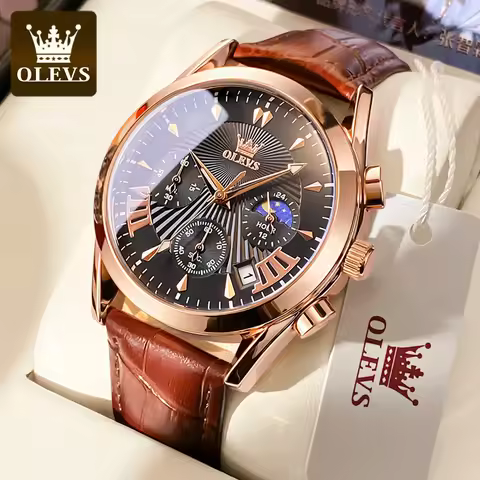OLEVS 2876 Sport Quartz Watch Gift Genuine Leather Watchband Round-dial Wristwatch