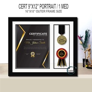 Certificate 9"x12" portrait + 1 medal 4"x12" frame collage wall hang