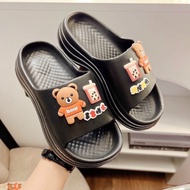 Women's bread slippers with wave edges and Super Light Milk Tea Bear Sticker Increase height 5cm - D