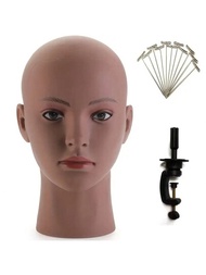 女性光頭假人頭與架子持架、t型別針,禿頭假人頭可用於美容實踐、非洲訓練模特頭進行髮型造型、假髮、帽子、眼鏡、展示等