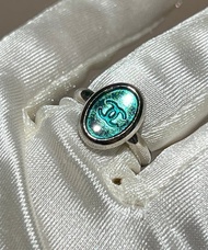 Chanel稀有綠色橢圓銀色中古戒指 絨面首飾盒 情人節禮物