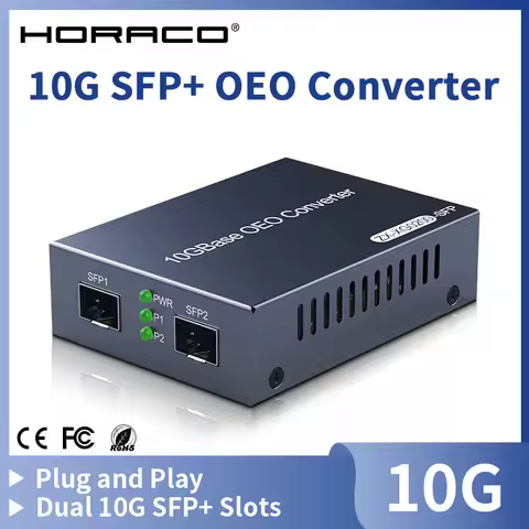HORACO 10GbE SFP+ OEO Media Converter Dual 10G SFP+ Slots 100M/1G/2.5G/10GBase-T Fibre Media Convert