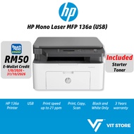 HP Printer Mono Laser MFP 136a 4ZB85A Print Scan Copy Black Wired USB / Wireless Wifi 136w 4ZB86A Pe