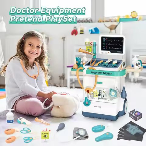 26 PC Doctor Equipment Table Trolley Kit Playing House Set Kids Toys Simulation CT Machine Electroca