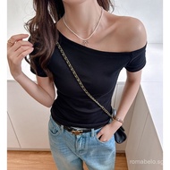 Modal Sexy Off-Shoulder Short Sleeve T-Shirt for Women Slim Fit Base Layer Stretch Top T-Shirt